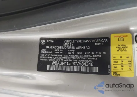 2012 BMW 128I from USA, damaged, VIN WBAUN1C59CVH84346
